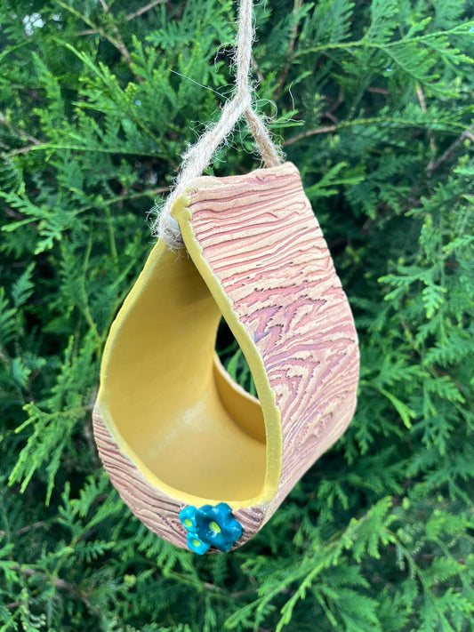 Ceramic Bird Feeder - Yellow & Woodgrain