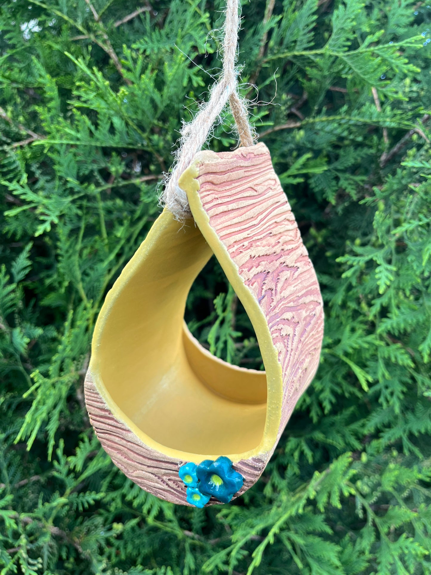 Ceramic Bird Feeder - Yellow & Woodgrain