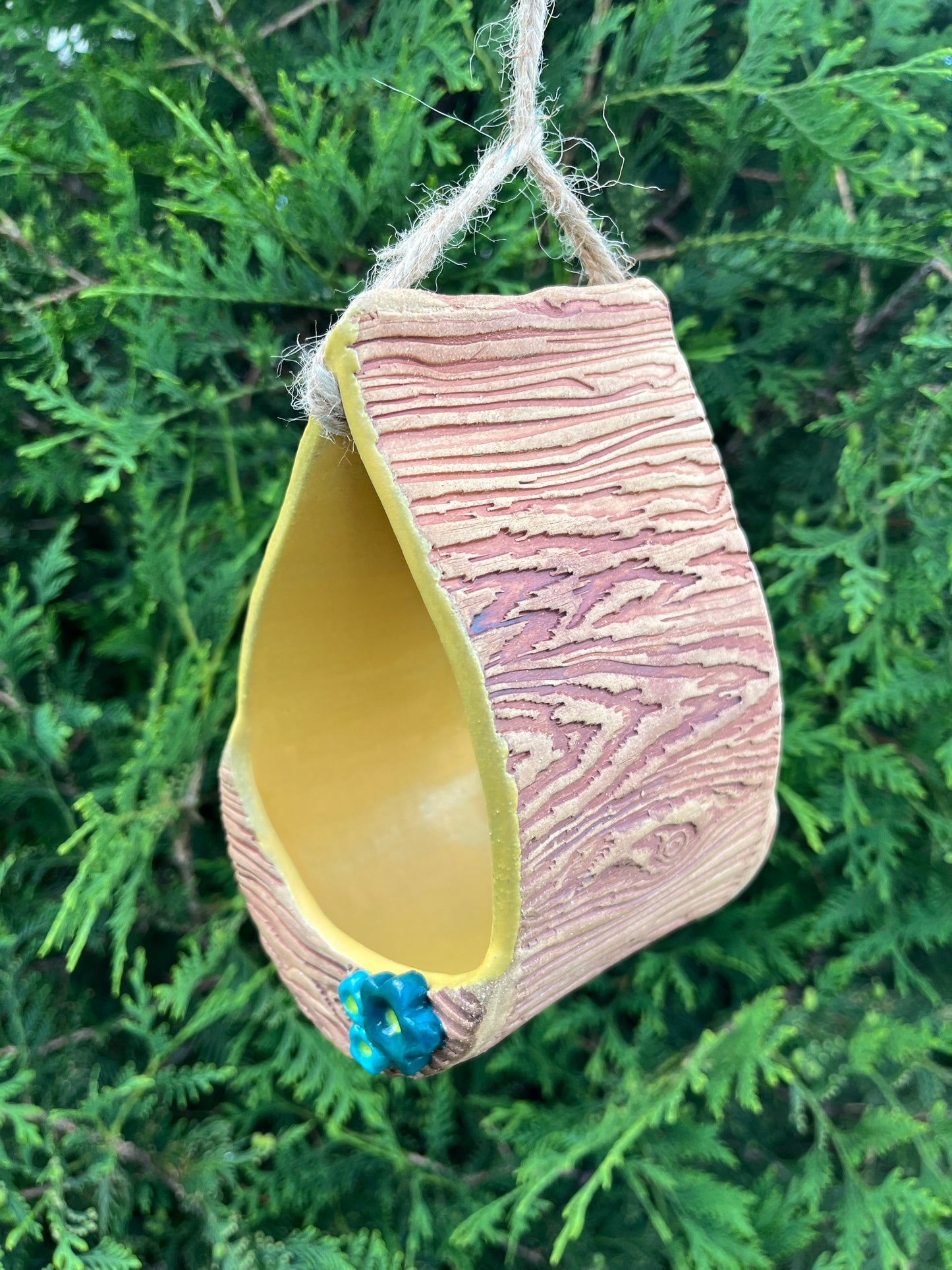 Ceramic Bird Feeder - Yellow & Woodgrain